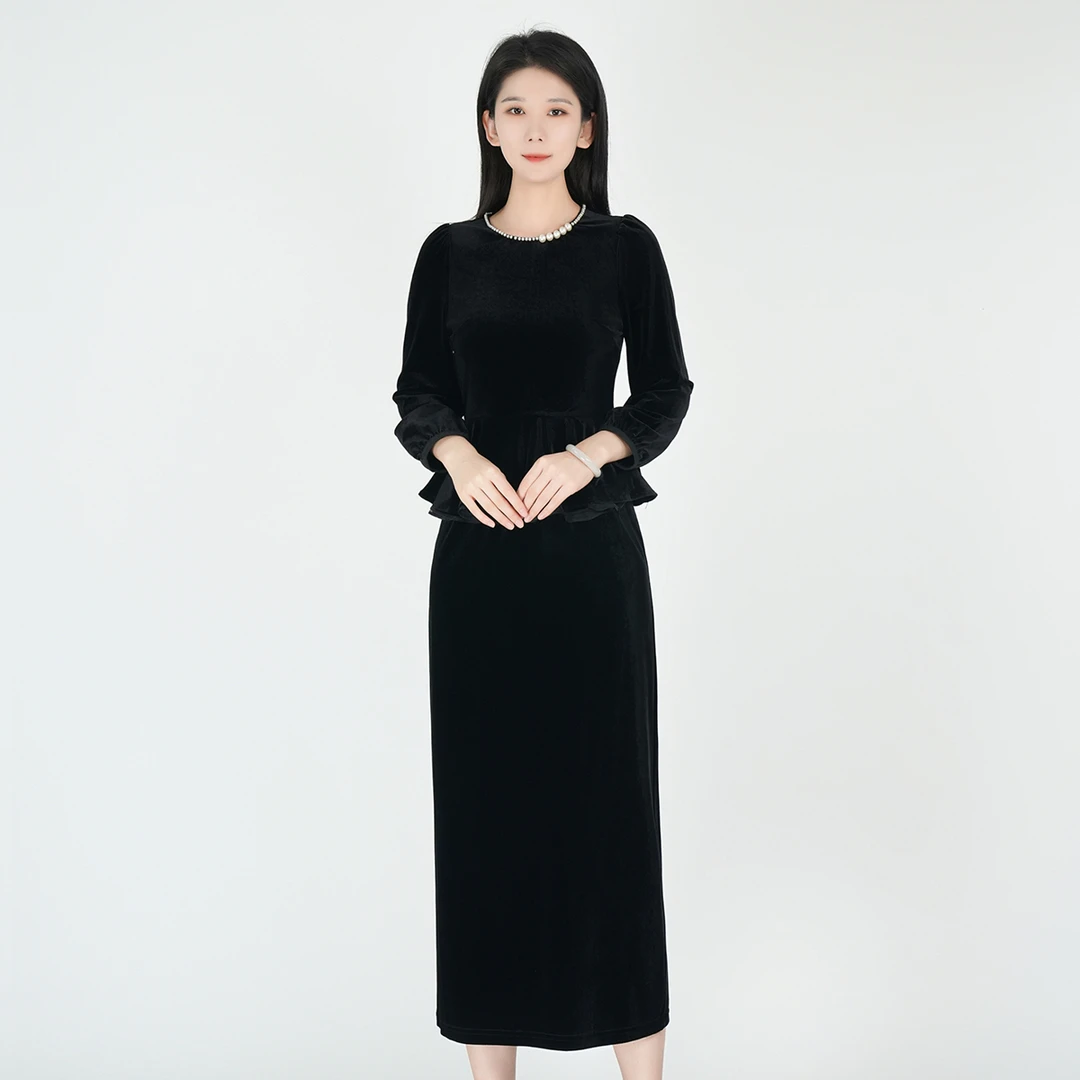 国风优雅黑色贵气修身显瘦秋新款丝绒套装WH05006809+WK05006809