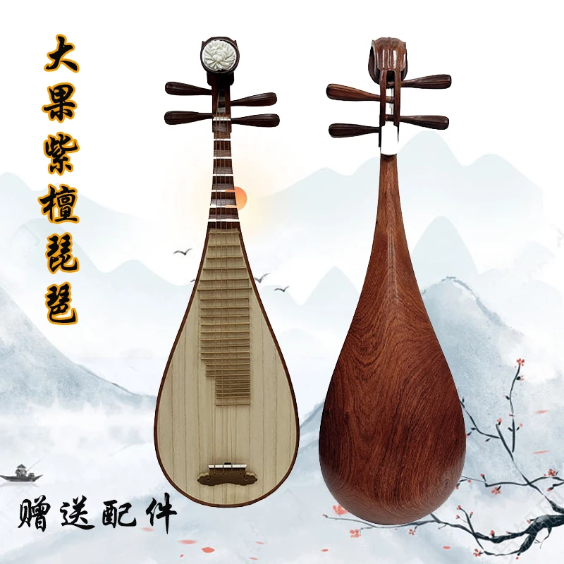 琵琶乐器初学者入门演奏专业大果紫檀木头花开富贵琵琶老料赠配件
