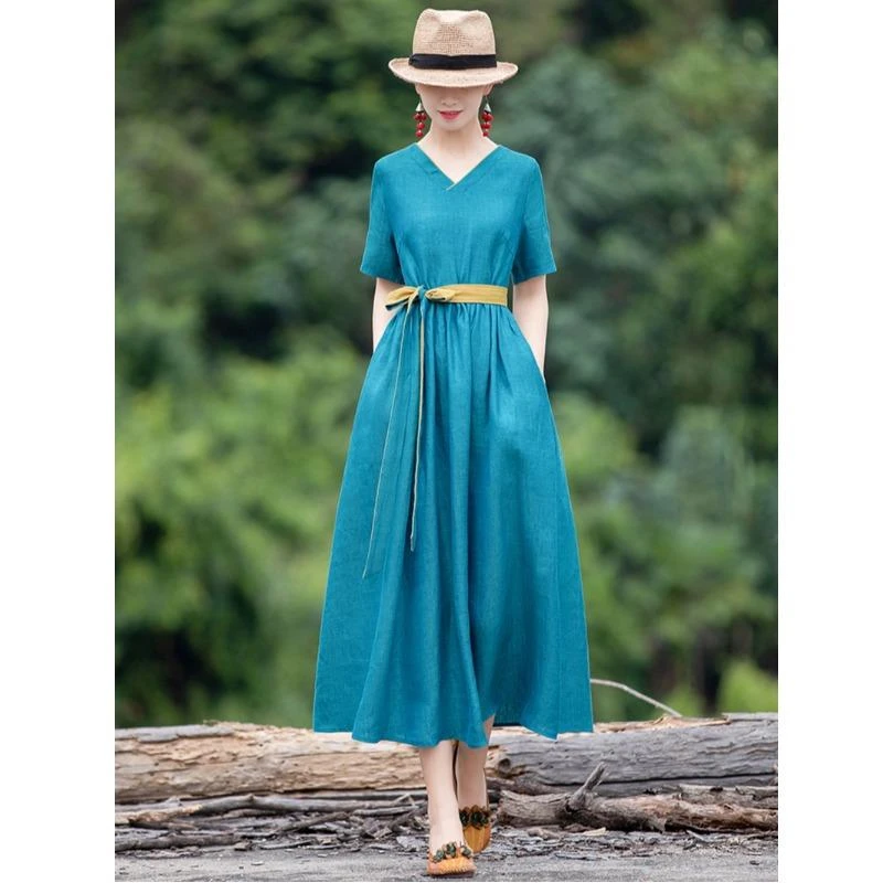 清仓品牌尾单~民族风亚V领收腰显瘦短袖连衣裙女夏季复古字裙