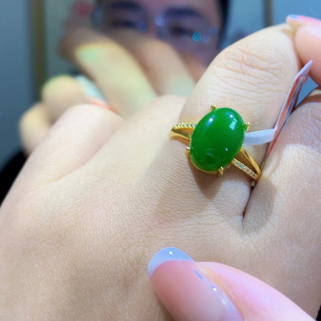 和田玉（碧玉）戒指银S925镀金镶嵌