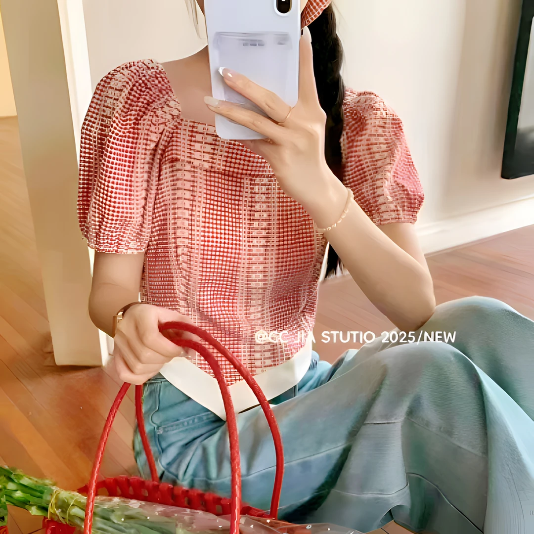 【焦点女孩】夏季夏季新款时尚气质法式复古格子短袖