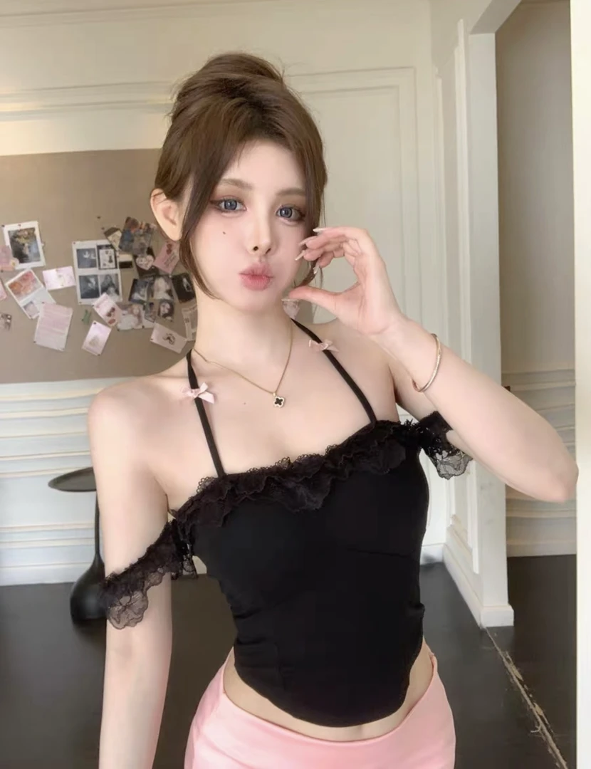 纯欲蕾丝花边一字肩上衣辣妹挂脖吊带背心秋季带胸垫内搭外穿