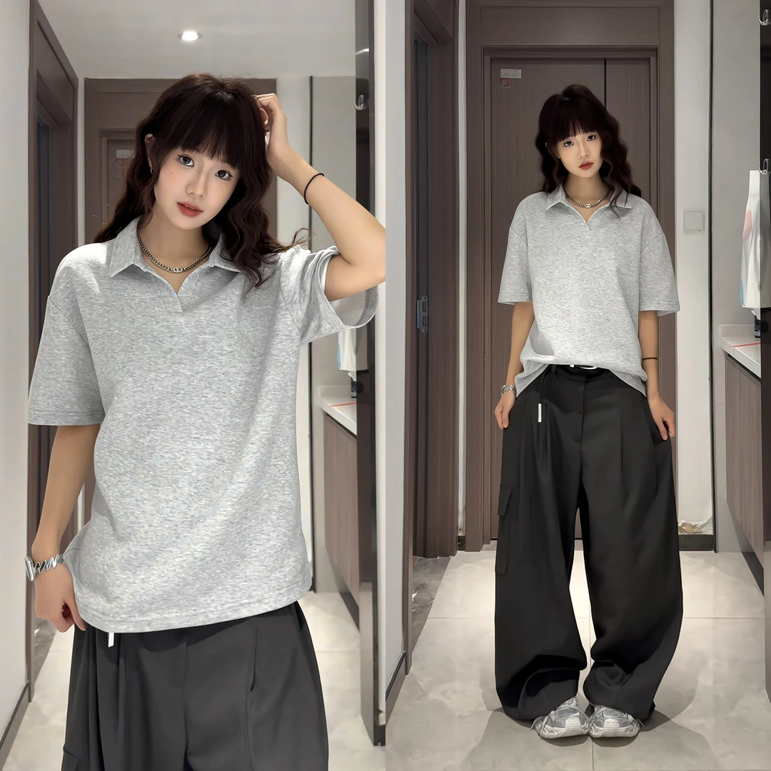 黑色短袖t恤美式潮牌痞帅高级感夏季海鸥领正肩polo衫男款打底衫