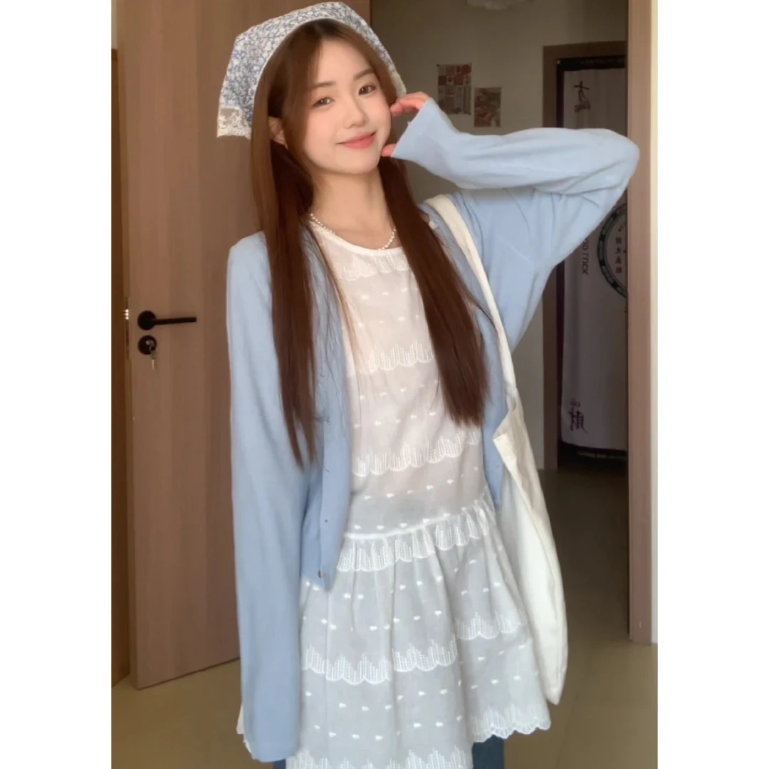 【柚子定制】爱心刺绣短款长袖针织衫女2025春季宽松外穿百搭开衫