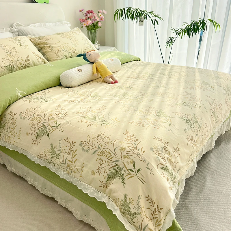 【香草悠悠】全棉床盖款四件套花边小清新纯棉夹棉床单被套被罩