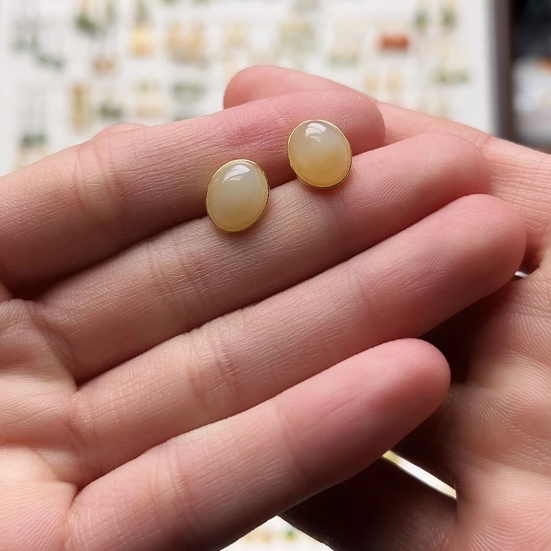 银S925镀金镶嵌和田玉耳钉