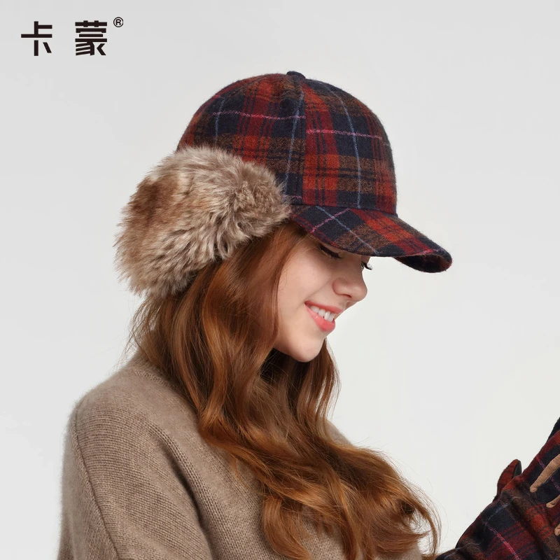 kenmont/卡蒙时尚经典冬季绵羊毛格纹鸭舌帽加绒保暖骑车护耳帽