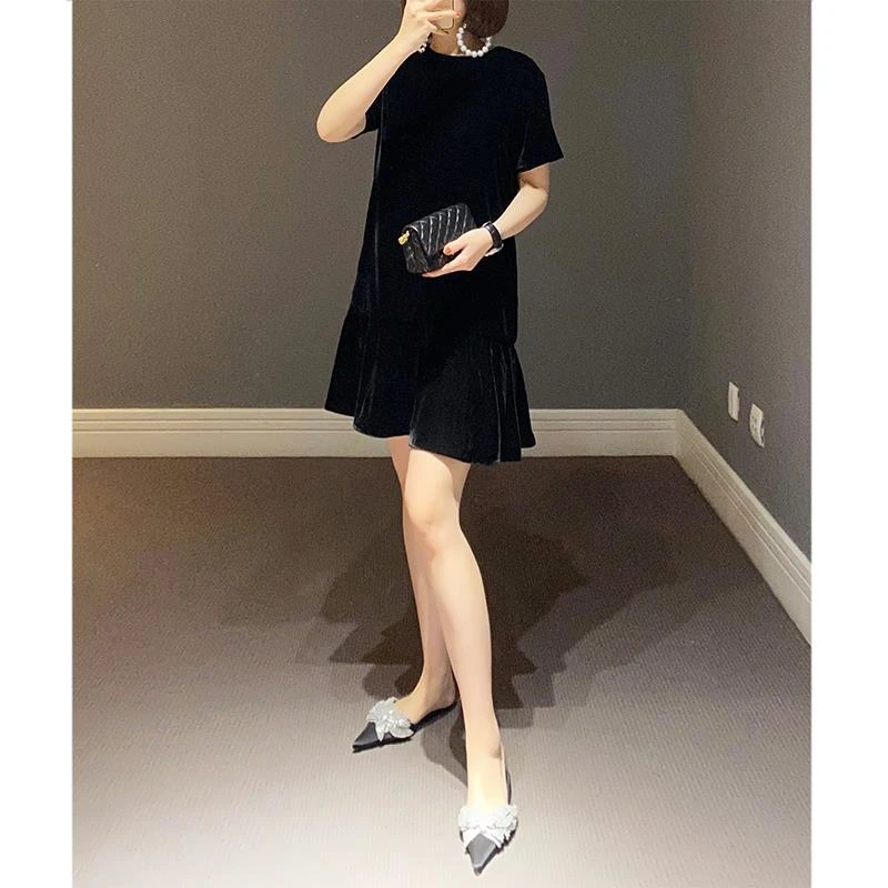 法式小众高级感宽松显瘦鱼尾小黑裙赫本风黑色丝绒连衣裙女夏薄款