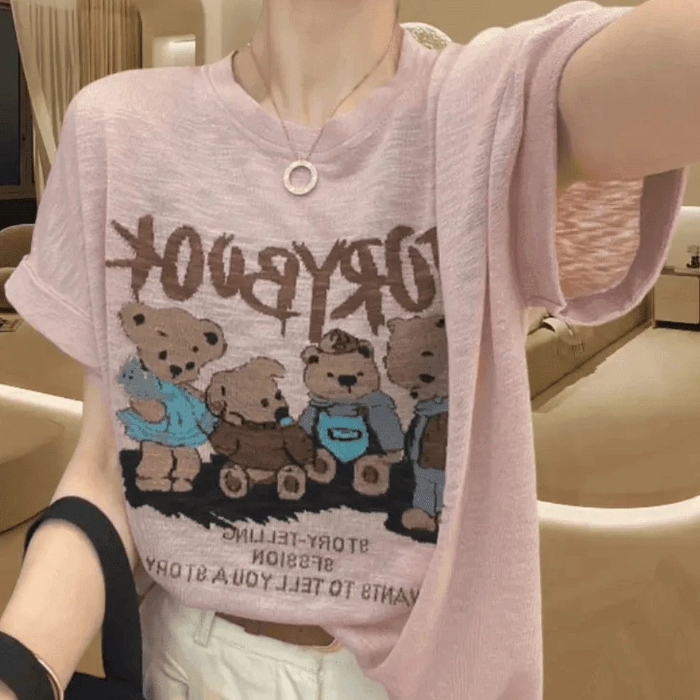 四只小熊字母提花圆领轻薄飞飞袖短袖针织衫夏季新款宽松韩版T恤