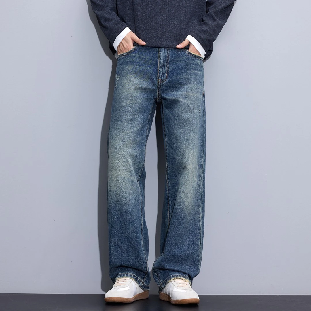 Kuvine2025秋季潮牌宽松直筒水洗刮烂磨边纯棉透气百搭牛仔裤男款