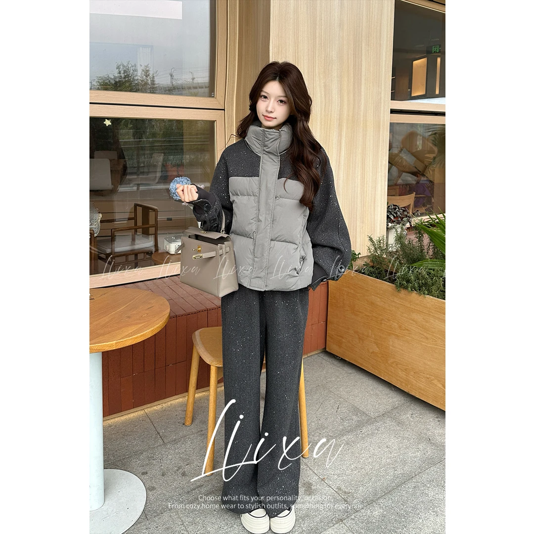 Liixu高级感立领90绒羽绒服亮片拼接外套阔腿裤羽绒套装L48TZ083