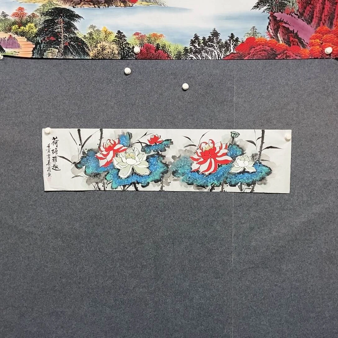 国画四尺对开荷花一副