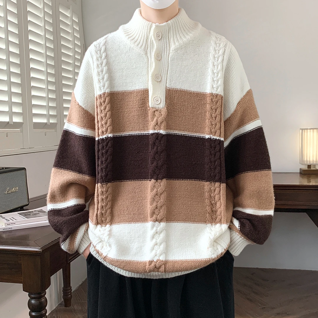 青少年秋冬季中领加厚毛衣男孩初中高中学生宽松休闲针织衫打底衫