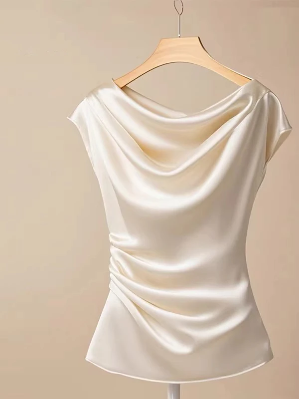 大码冰凉感法式小香风绸缎短袖t恤女夏季一字领时尚小衫收腰上衣