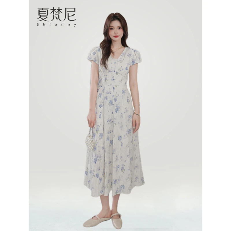 夏梵尼花雾之谜2025夏季新款法式V领刺绣印花连衣裙