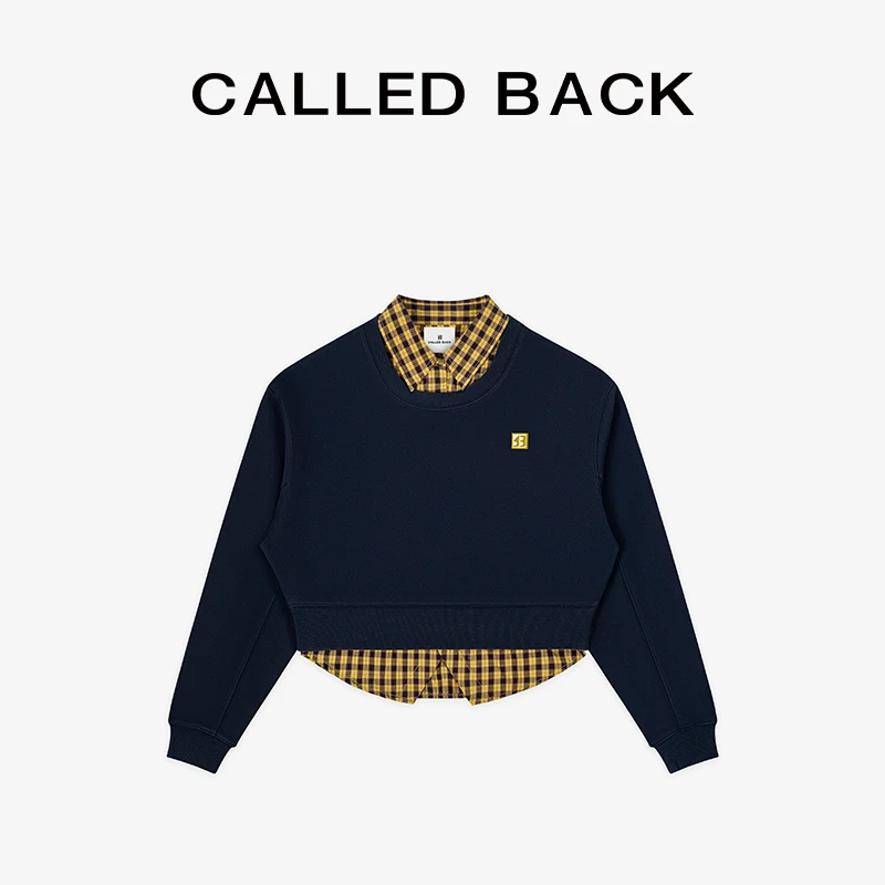 CALLED BACK秋季新款拼接格纹衬衫假两件长袖休闲短款卫衣女