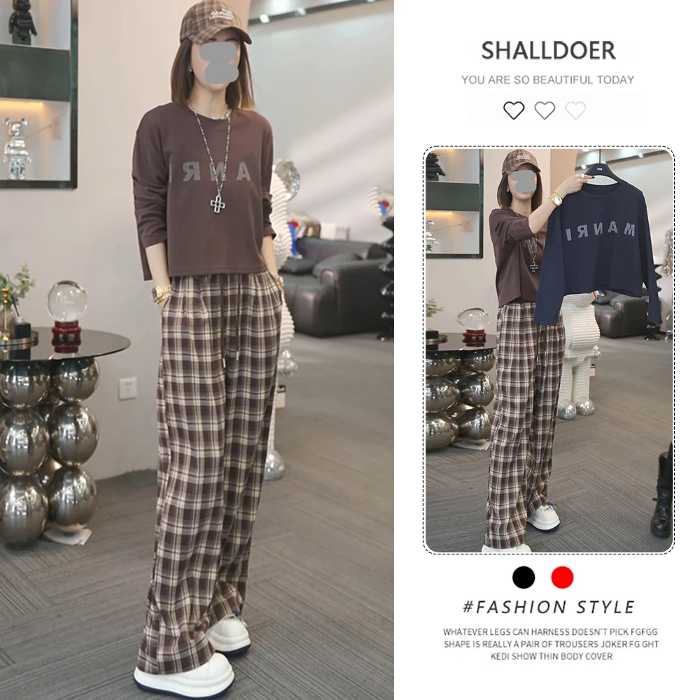 韩版休闲时尚运动套装女2026年春秋新款长袖t恤格子阔腿裤两件套