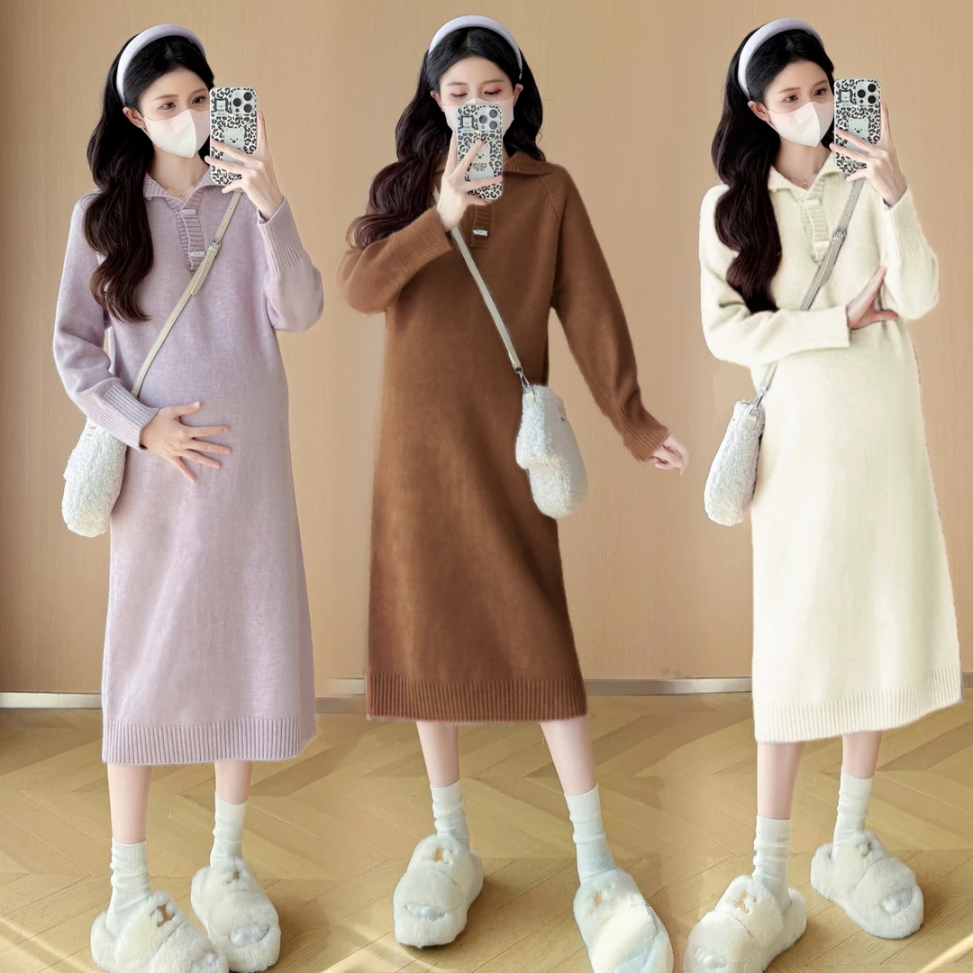 孕妇裙2025新款洋气时髦翻领牛角扣中长款孕妇连衣裙过膝百搭长裙