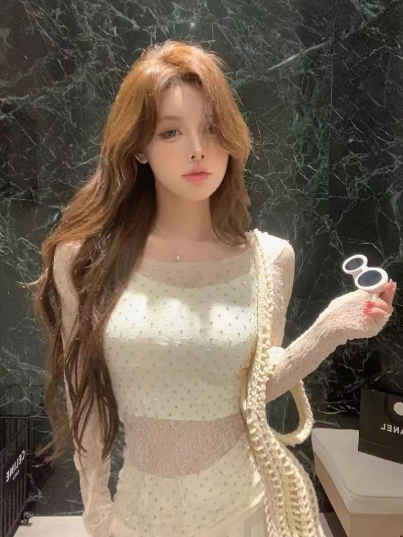 烫钻镂空长袖蕾丝衫女装夏季纯欲风辣妹修身性感透视防晒罩衫上衣