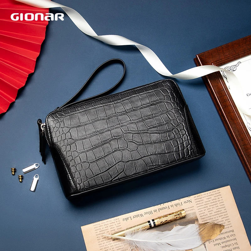 GIONAR男士手抓包小包真皮包卡包双拉链证件钱包钱夹大容量手拿包