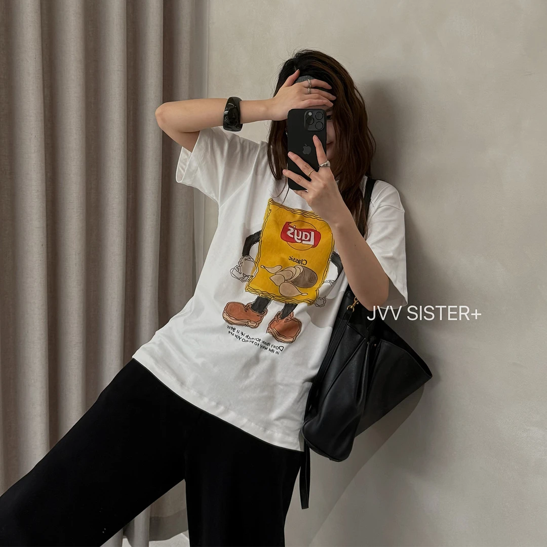 JVV十三行2025冬季新款卡通印花短袖圆领上衣休闲百搭T恤女90835