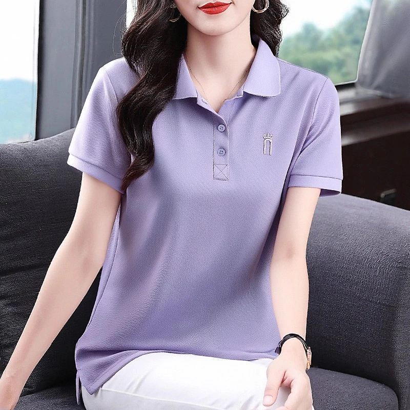 芳妮诗冰丝短袖t恤女2025新款夏季大码polo衫女翻领半袖宽松上衣