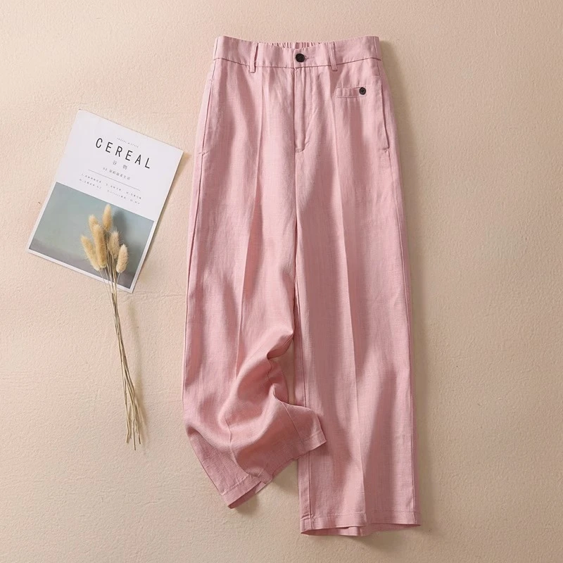 天丝亚麻阔腿裤女2025春秋新款莱赛尔粉色高腰垂感休闲九分直筒裤