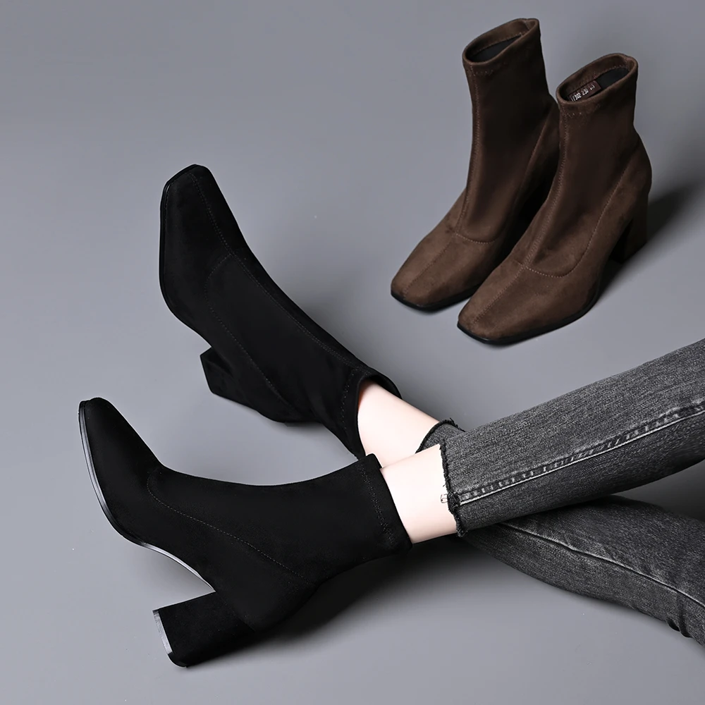 女士高跟短靴春秋新款复古绒面方头粗跟弹力瘦瘦靴洋气韩系小踝靴