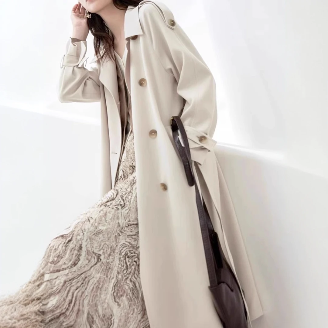 米白色高级感风衣外套女2025春秋新款韩系英伦风小个子中长款大衣