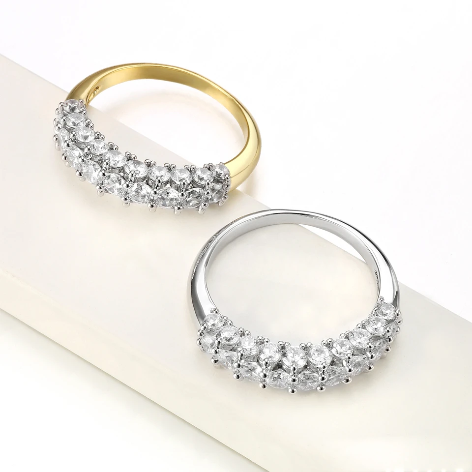 黄铜锆石戒指 欧美半圈戒指女简约气质时尚锆石镶嵌百搭排钻指环