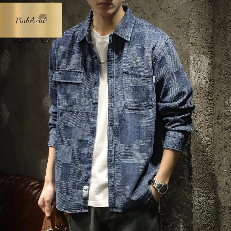 PinkAvril重磅水洗色织面料春秋季翻领牛仔衬衣男长袖衬衫外套男