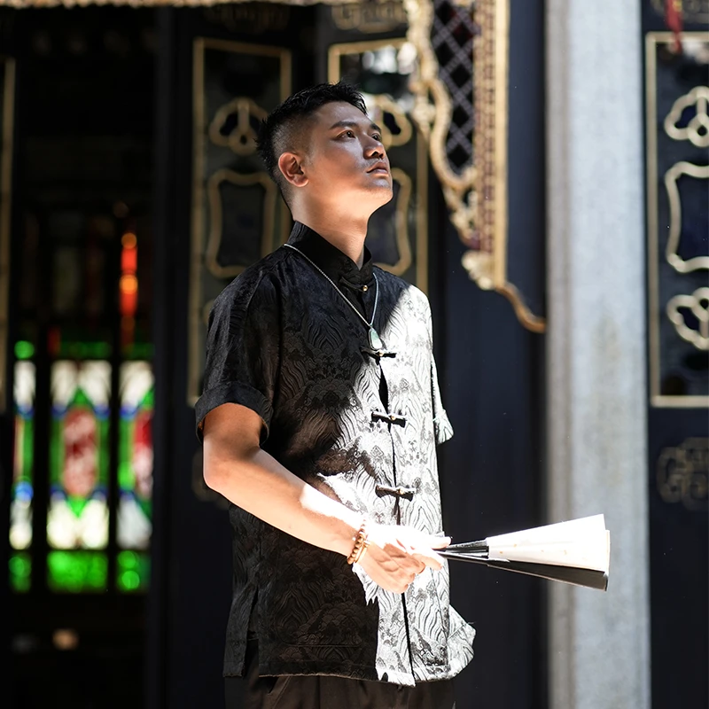 三重门江舟*夏季薄款真丝香云纱提花短袖唐装新中式休闲上衣男装