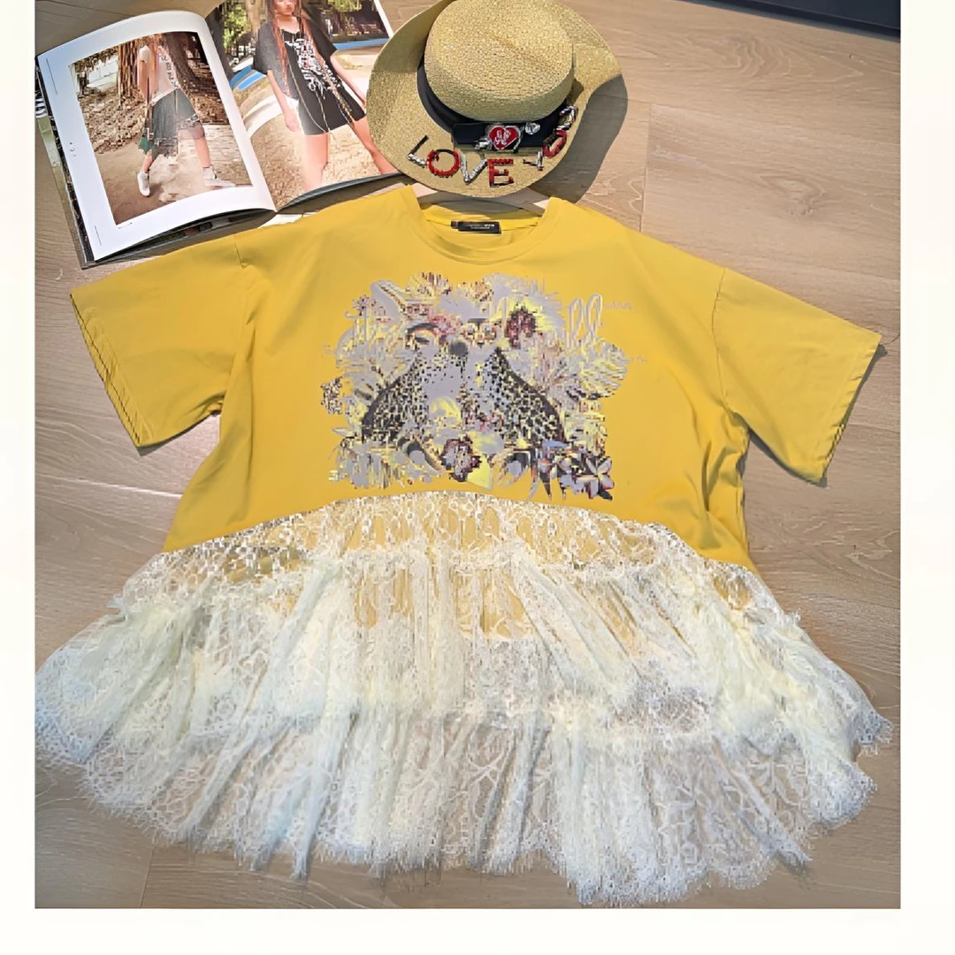 AttinaLife原创复古夏季短袖印花拼接定制蕾丝不规则减龄娃娃衫25