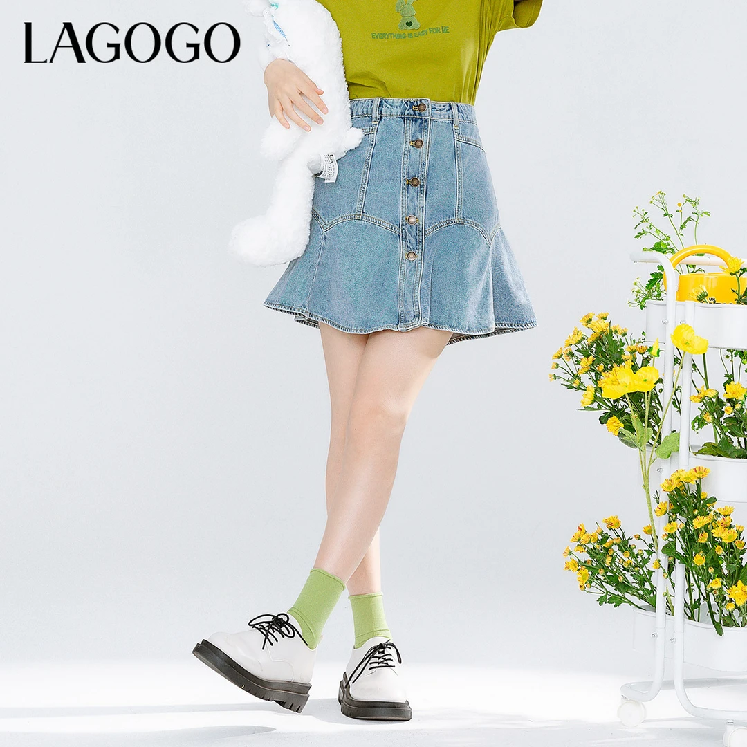 lagogo新款全棉材质拼接百搭半身裙女MABB135A53