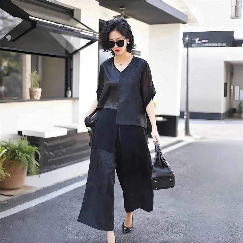 25夏大码新中式国风拼接长款上衣宽松阔腿裤气质两件套装