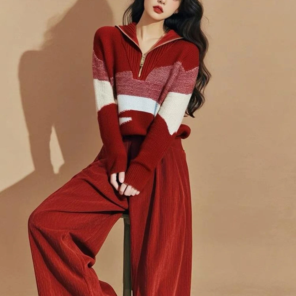 超好看独特漂亮别致御姐穿搭红色拉链针织套头毛衣时尚阔腿裤套装