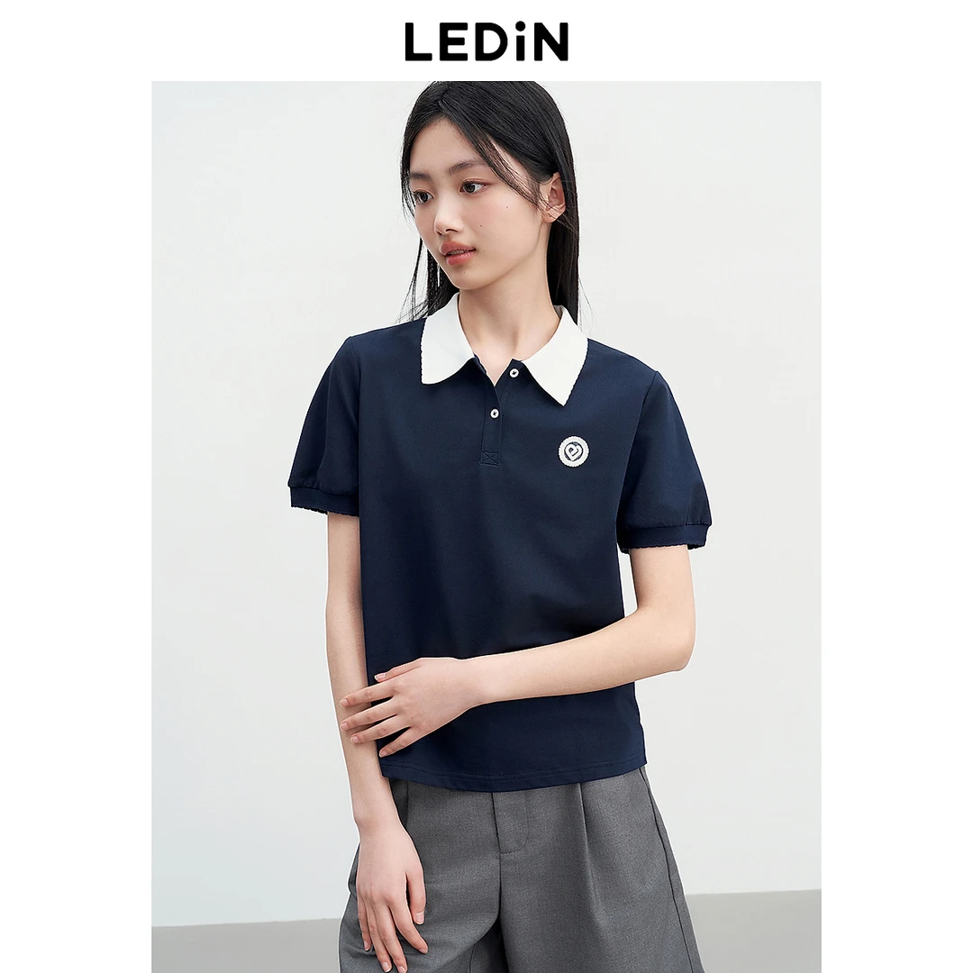 乐町学院风短袖撞色POLO衫25年夏季新款女装爱心袖标泡泡袖上衣