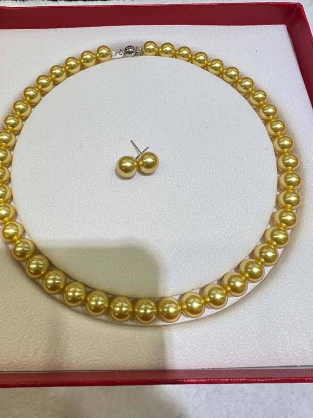 非金属仿珍珠项链 11-12m金色珍珠妈妈气质时尚百搭套盒