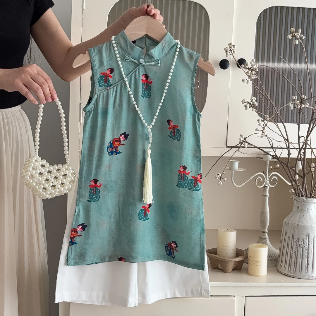 女童旗袍夏季套装两件套新中式新款儿童国风无袖连衣裙汉服背心裙