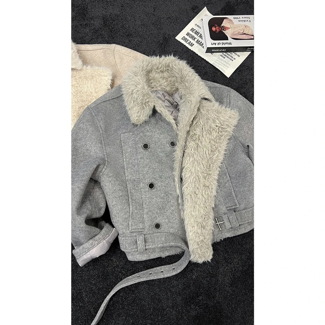 美式复古小众设计双排扣毛领夹克宽松休闲轻奢保暖翻领小众外套