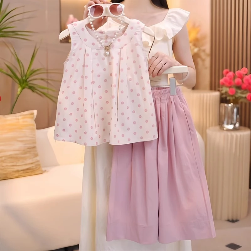 女童夏装套装2025新款儿童夏季衣服女大童无袖娃娃衫阔腿裤两件套