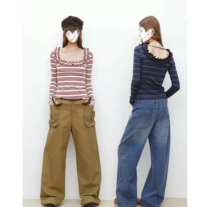 设计感小众花边U领条纹长袖T恤女装秋季内搭修身显瘦打底衫上衣服