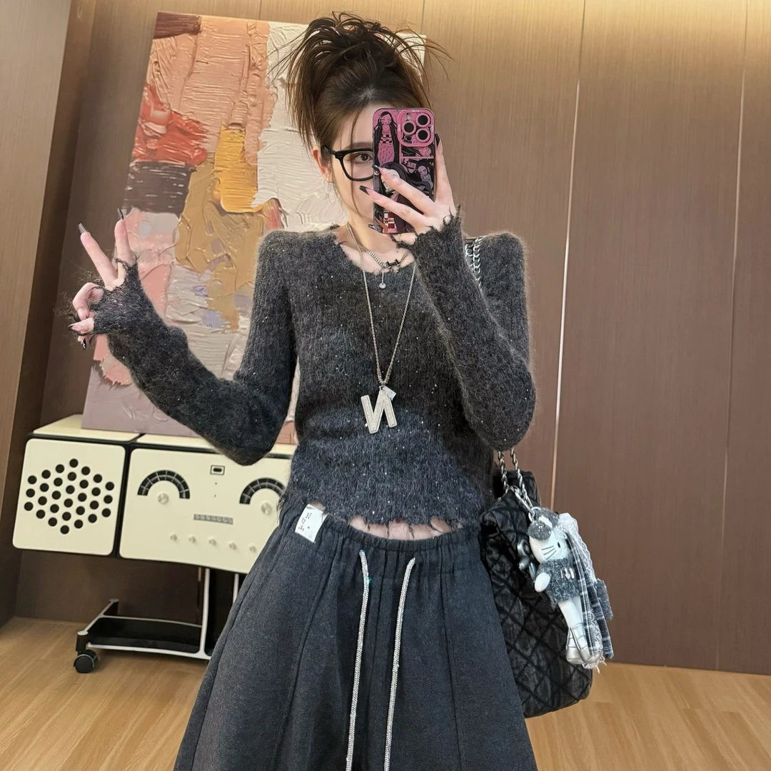 【LLU李】新款亮片加厚针织衫打底衫显瘦修身上衣百搭 LLU-1913128