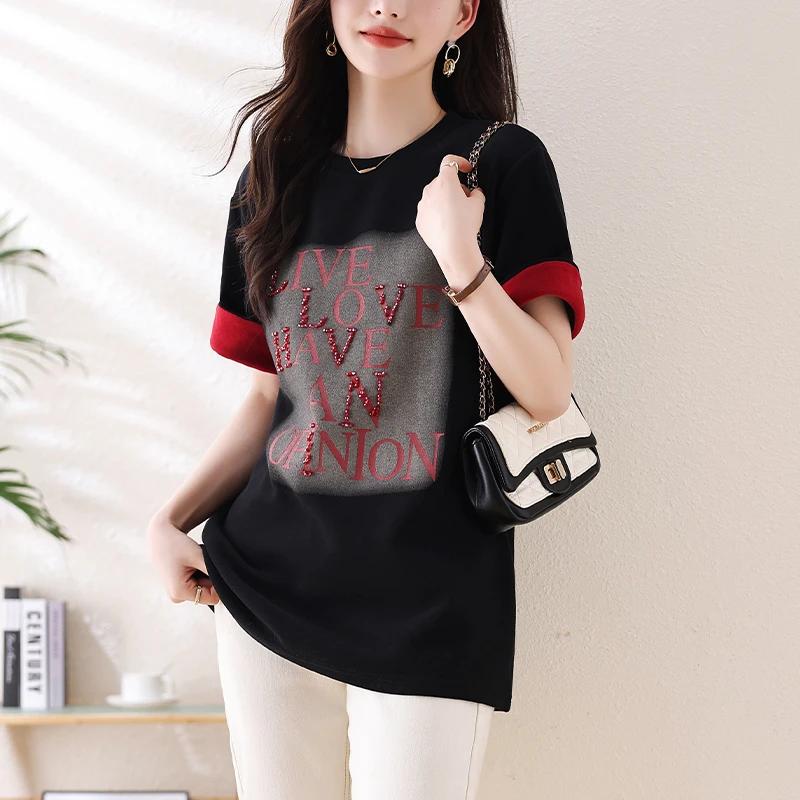 2025年大码女装钉钻时尚印花T恤女夏季胖MM韩版拼接宽松休闲上衣