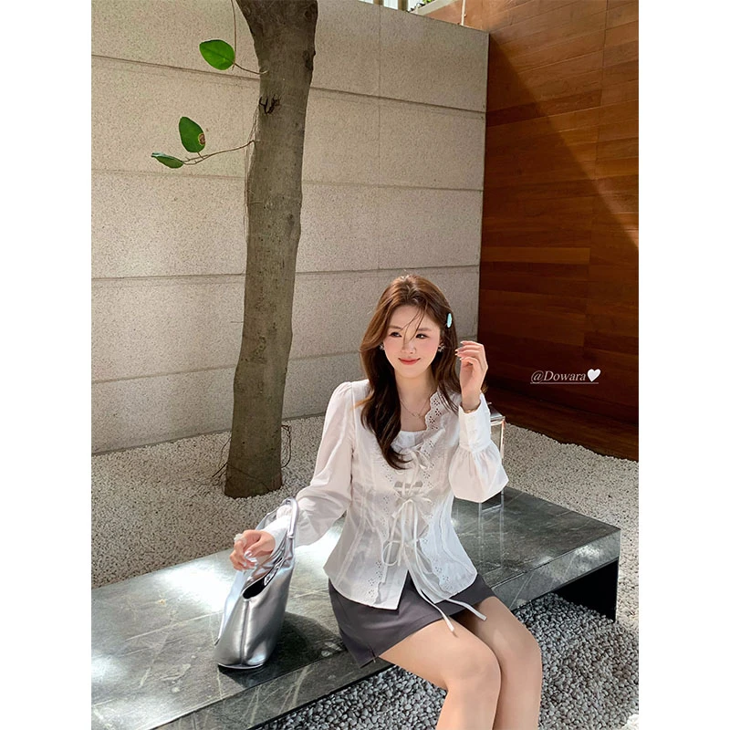 现货大婉酱千千微胖定制 法式方领莱赛尔衬衫绑带蝴蝶结上衣7969D