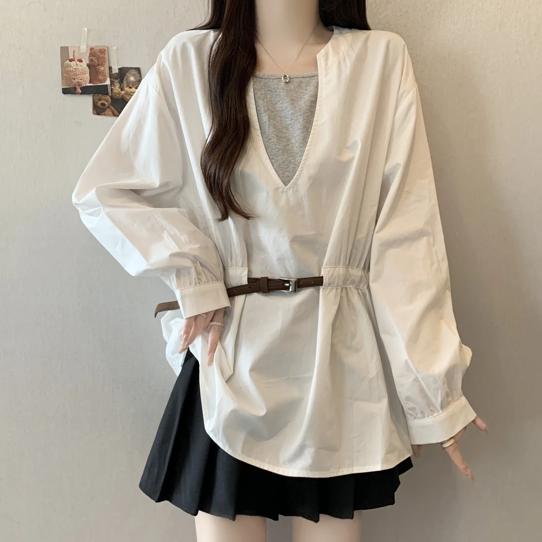 大码女装遮肚子假两件配腰带长袖衬衫女春秋胖mm收腰显瘦洋气上衣