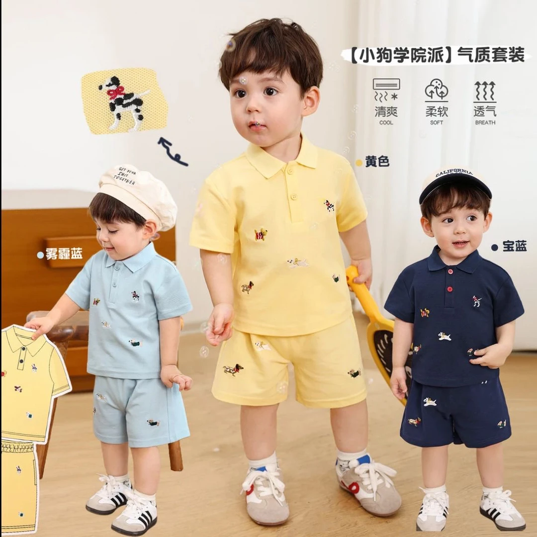 男小宝宝夏季POLO套装短袖t恤童装婴儿薄款绣花卡通短裤两件套