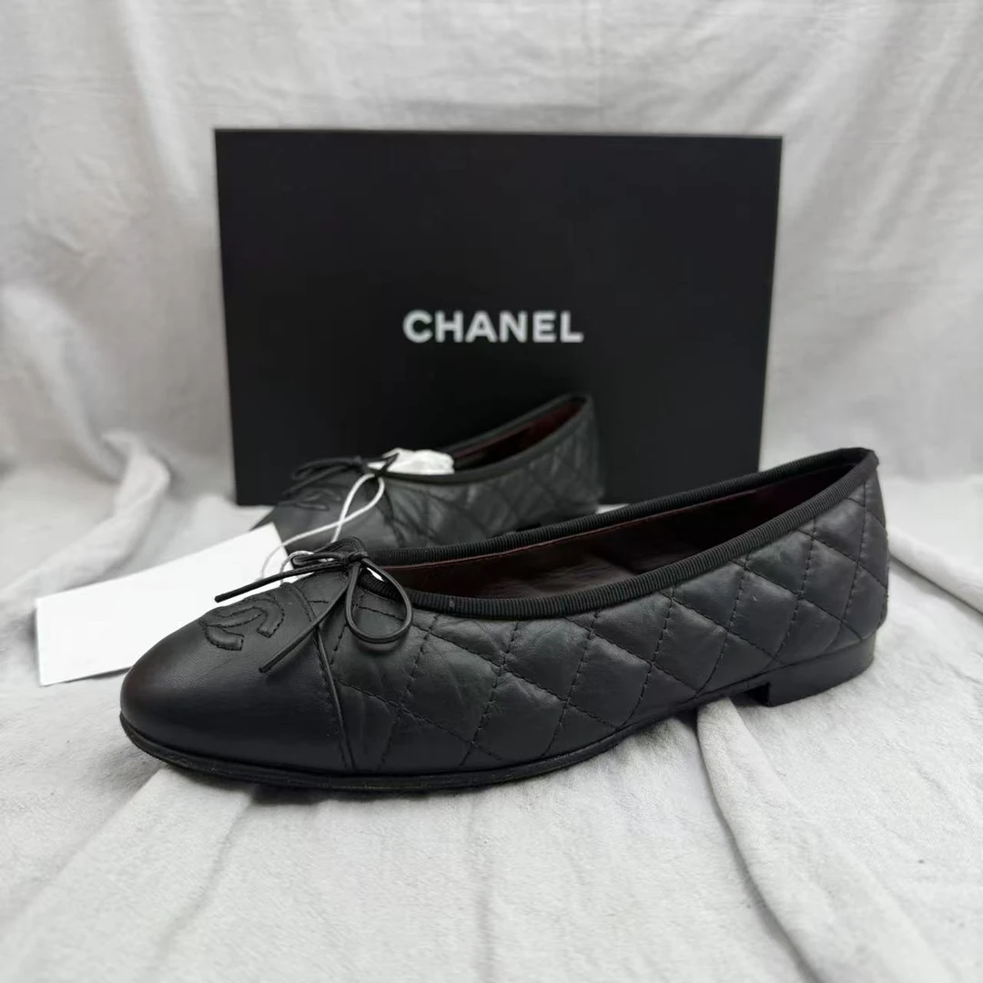 99新 Chanel/香奈儿 36.5码/黑色格陵纹蝴蝶结平底芭蕾鞋2046