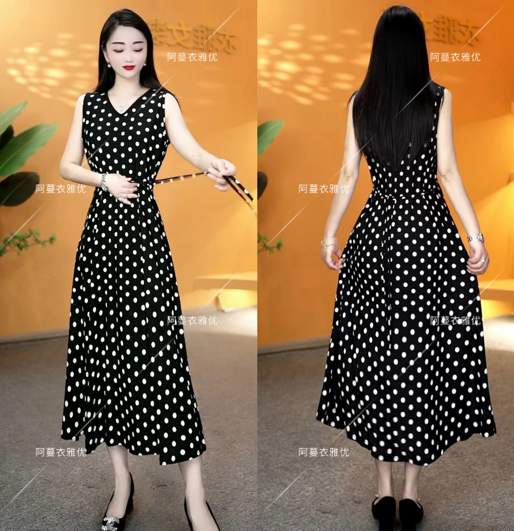 【衣雅严选】1277-407新品冰雪丝弹力缎面波点无袖洋气显瘦背心裙