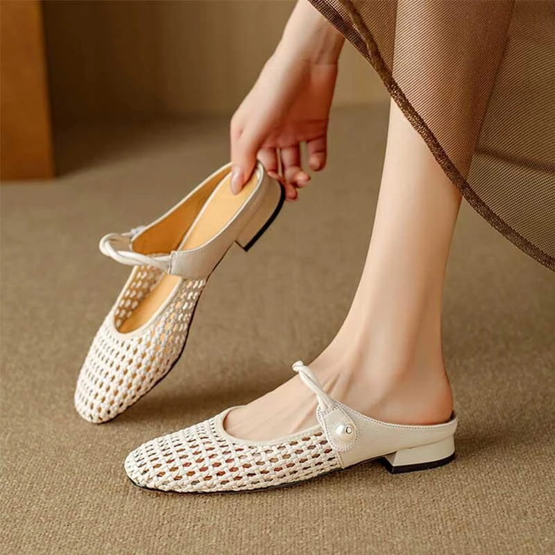 2025新款时尚凉鞋镂空半拖鞋女夏外穿平底一字带玛丽珍包头凉拖鞋